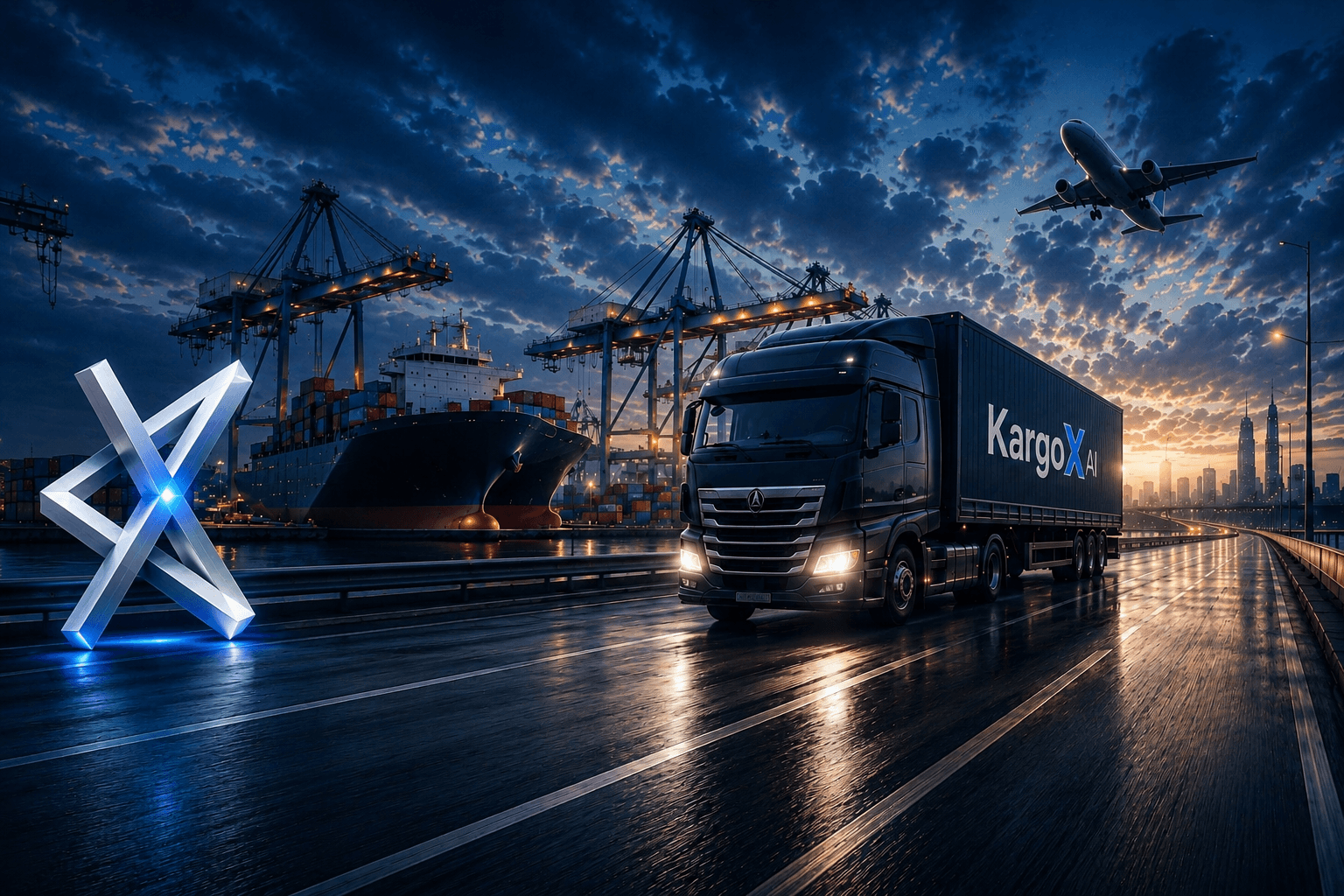 KargoX AI truck at a freight port with a cargo ship, cranes and an aircraft